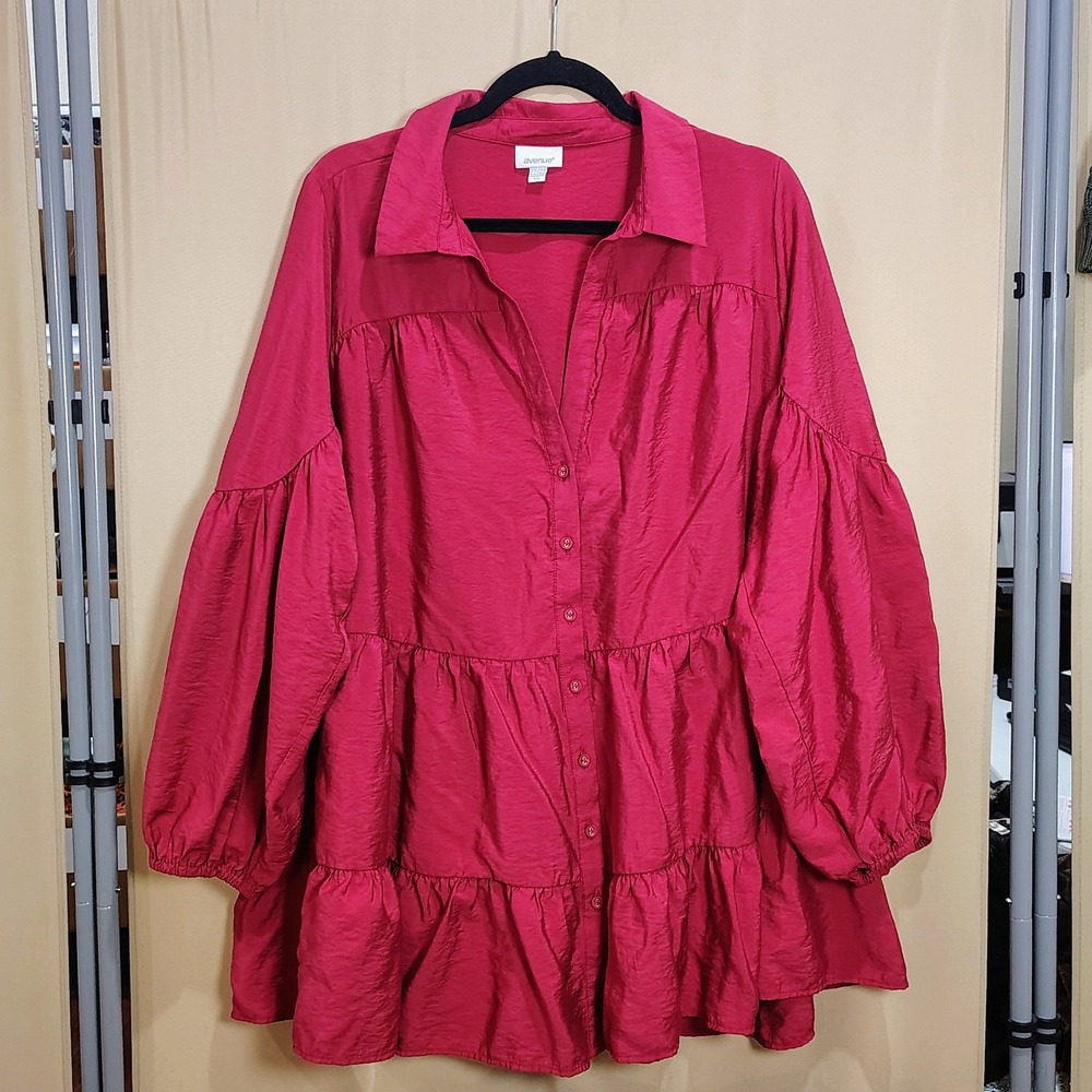 Avenue Button Down Top Women 22/24 Red Tiered Puff Sleeve Boho Babydoll Flowy